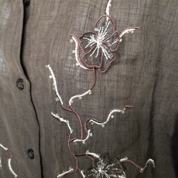 Women's Top Blouse Size Medium Brown Embroidered Long Sleeve New - Picture 5 of 11